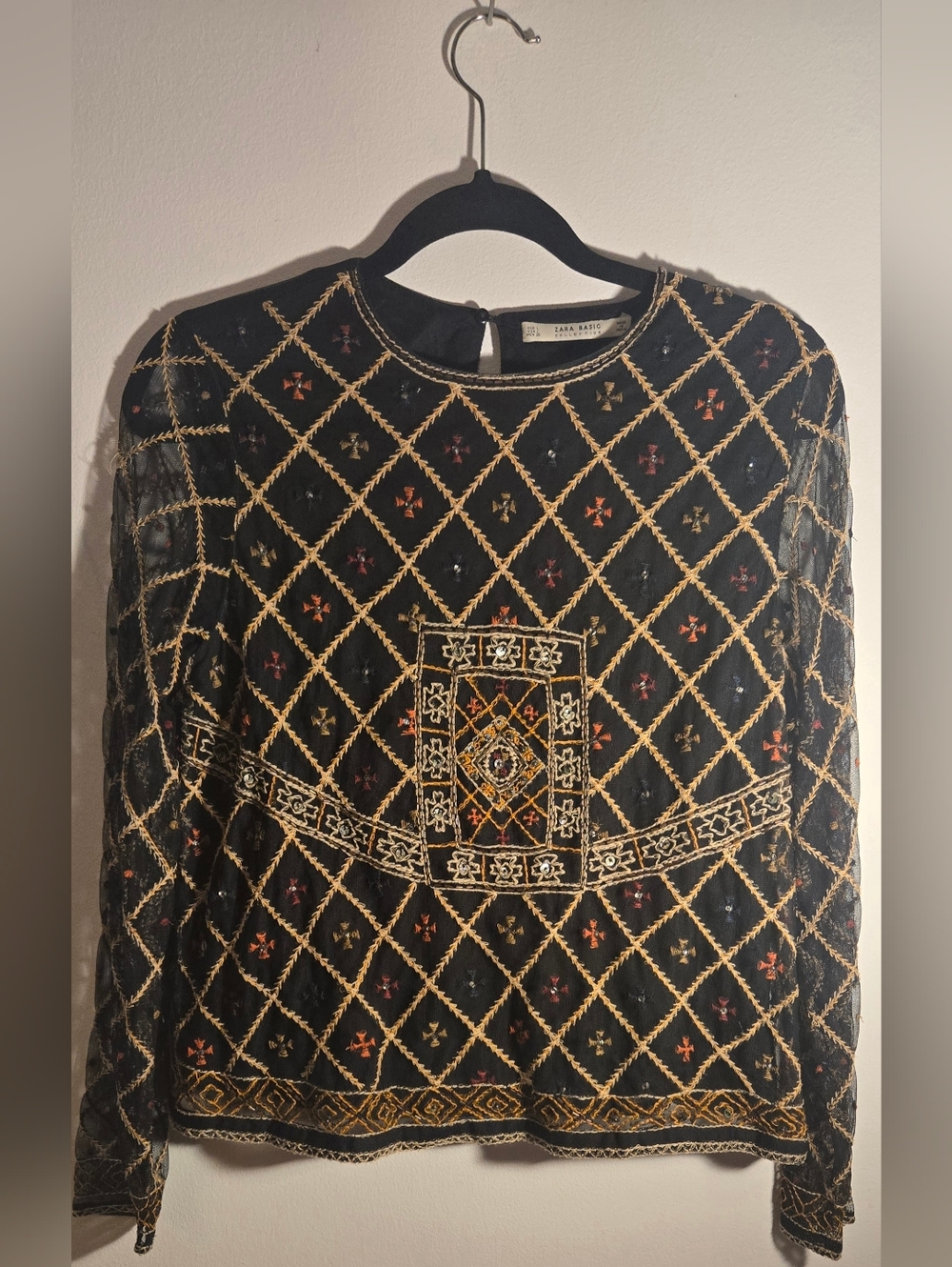 Zara Black Sheer Sleeve Embroidered Blouse with Gold and Multicolor Stitching